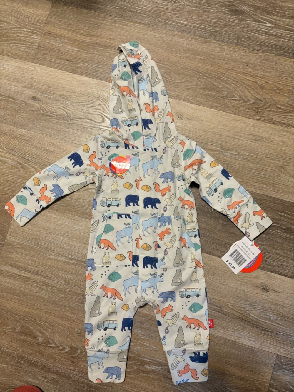 Magnetic Me Cream Hooded Footie with Orange, Blue, Gray and Green Animal Print
